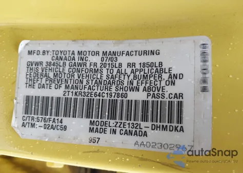 2004 Toyota Matrix Standard z USA, uszkodzony, nr VIN 2T1KR32E64C197860